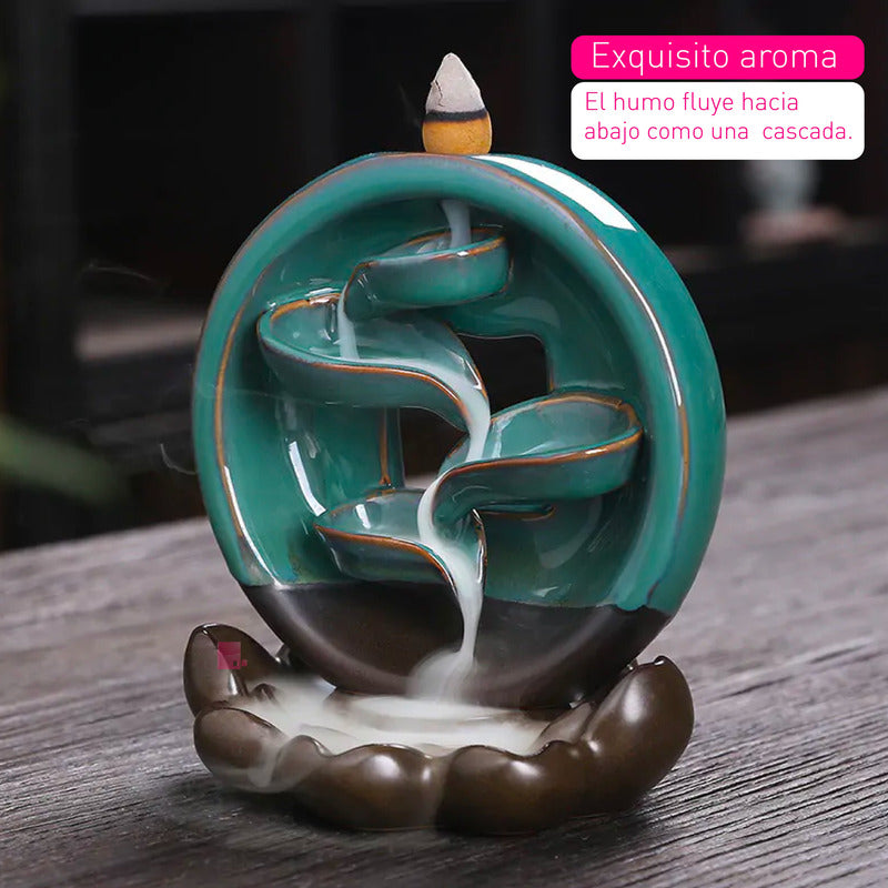 Elegancia Perfumada Quemador Incienso Con Cascada De Humo Verde Marron Dorado