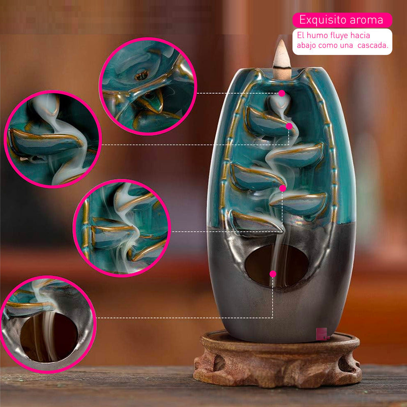 Cascada Aromática Quemador Cerámico Reflujo De Incienso Verde Marrón Dorado