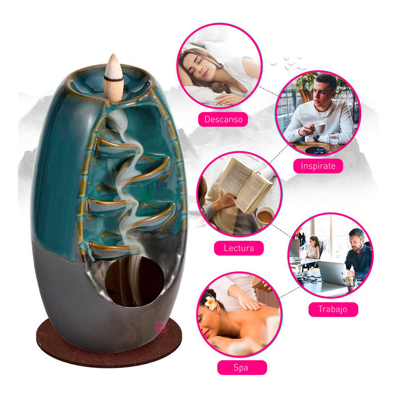 Cascada Aromática Quemador Cerámico Reflujo De Incienso Verde Marrón Dorado