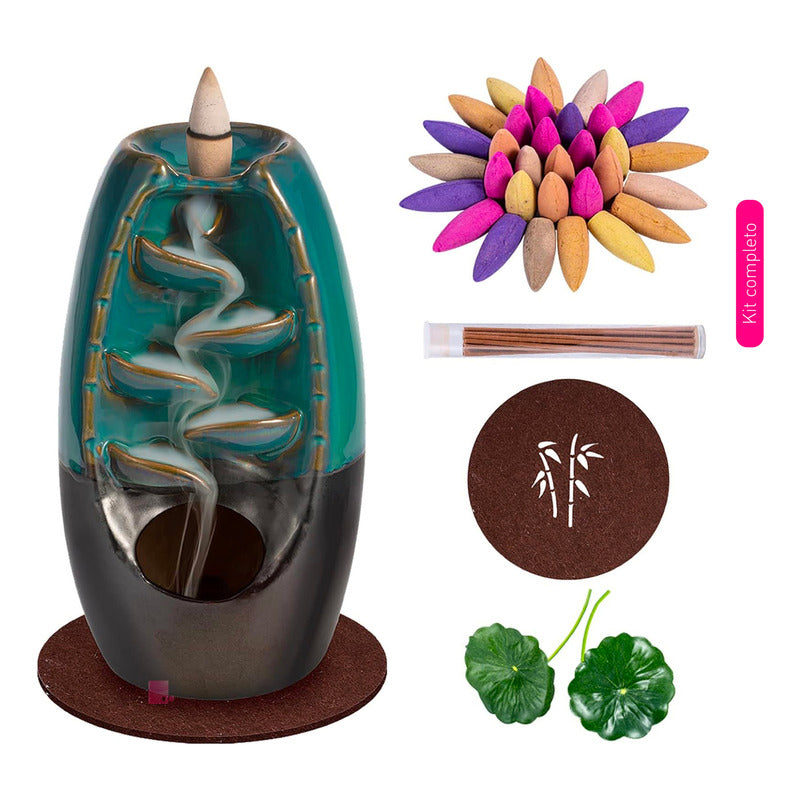 Cascada Aromática Quemador Cerámico Reflujo De Incienso Verde Marrón Dorado