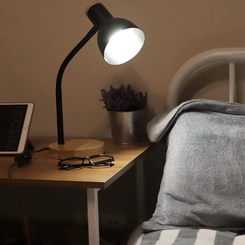 Lámpara Led Velador Flexible De Escritorio Madera Buena Luz