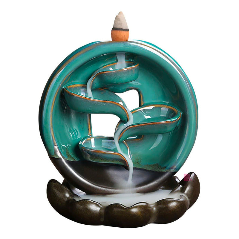 Elegancia Perfumada Quemador Incienso Con Cascada De Humo Verde Marron Dorado