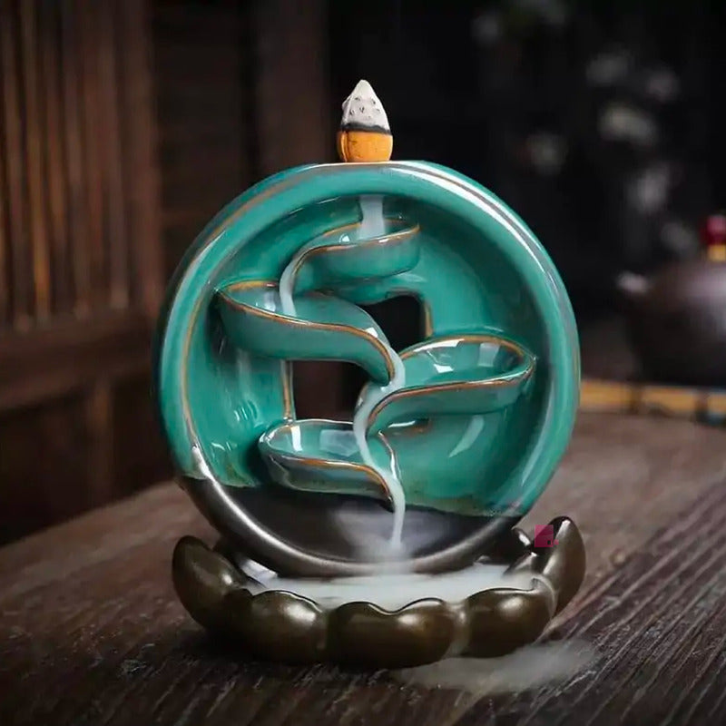 Elegancia Perfumada Quemador Incienso Con Cascada De Humo Verde Marron Dorado