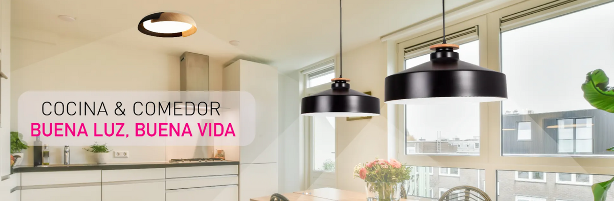 Lámparas de techo y colgantes en una cocina y comedor de Buena Luz Chile